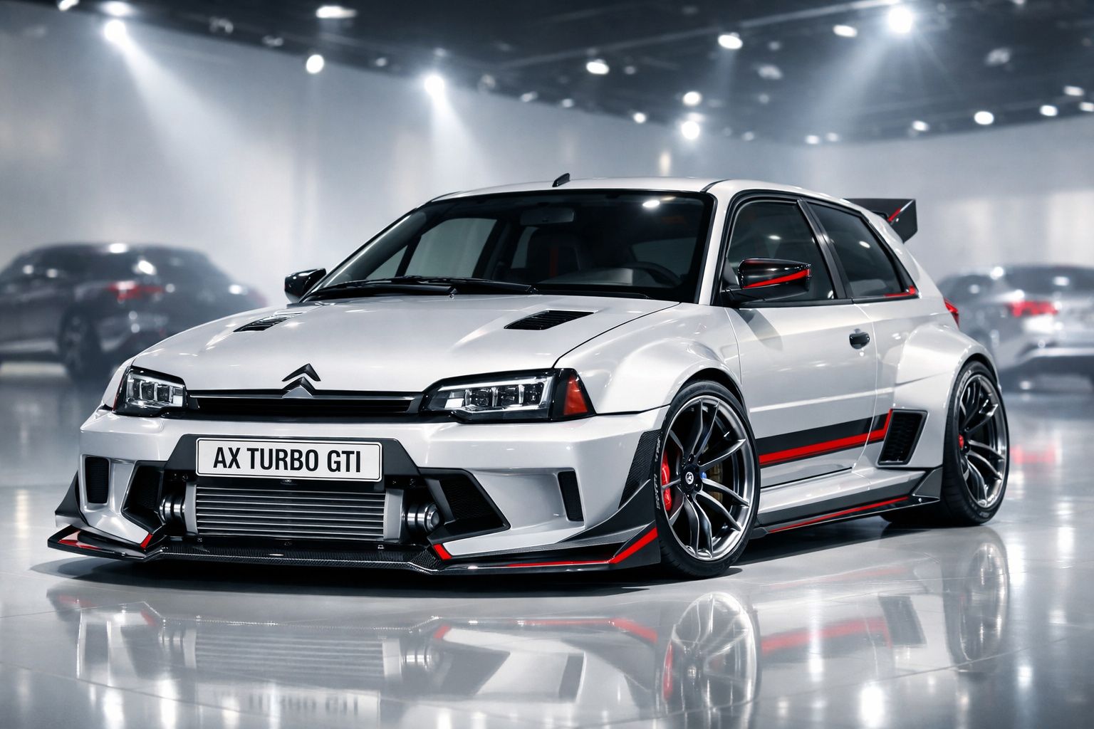 Carro desportivo Citroën AX Turbo GTI branco com detalhes em preto e vermelho num ambiente interior iluminado.