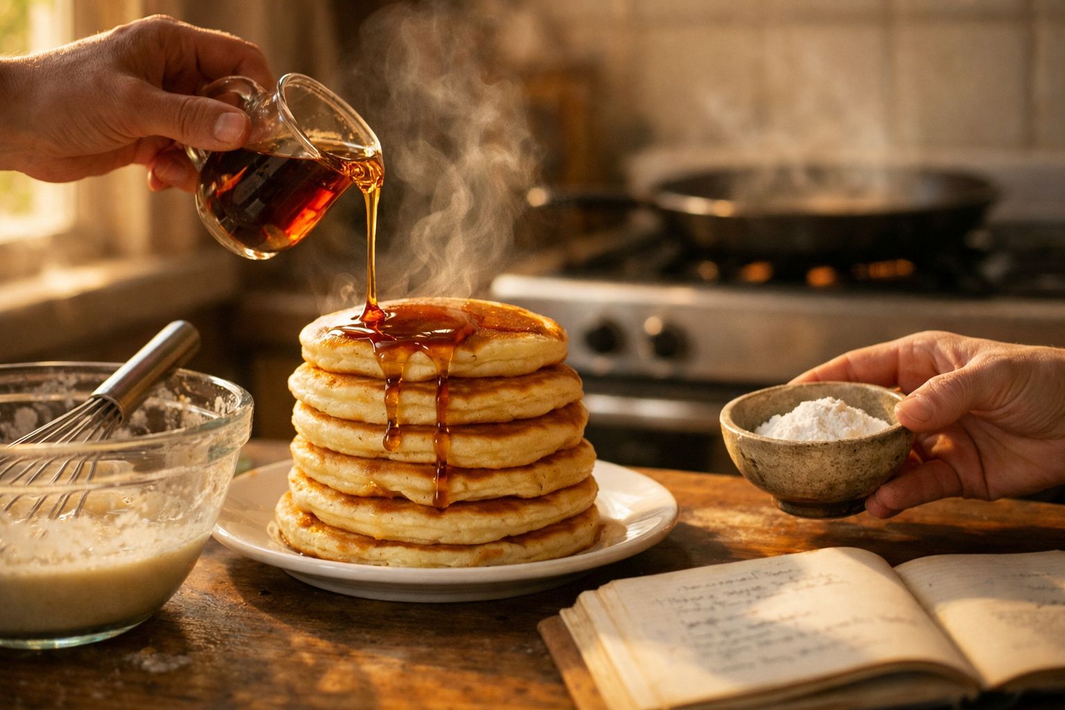 Pilhas de panquecas quentes com xarope a ser derramado e farinha em mão na mesa de cozinha antiga.