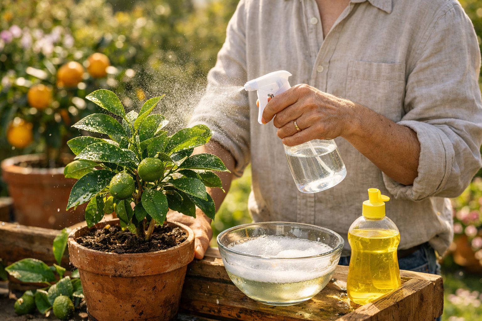 Pessoa a pulverizar uma planta verde num vaso de barro com frasco de spray, perto de recipiente com líquido e detergente amar