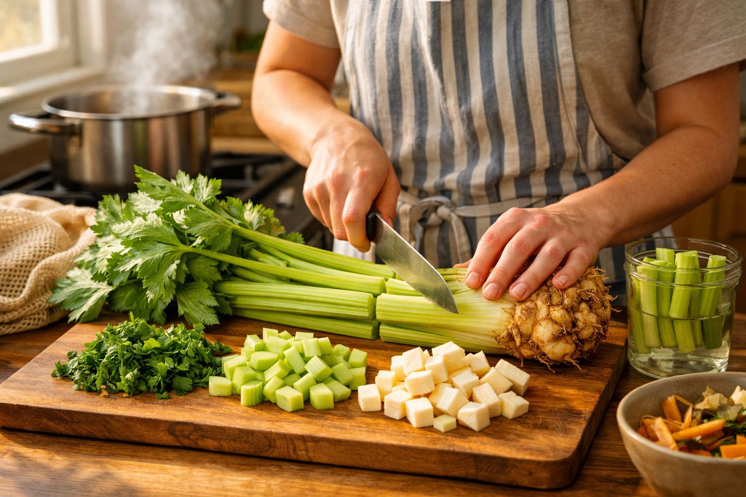Pessoa a cortar aipo fresco e a preparar ingredientes numa tábua de madeira na cozinha.