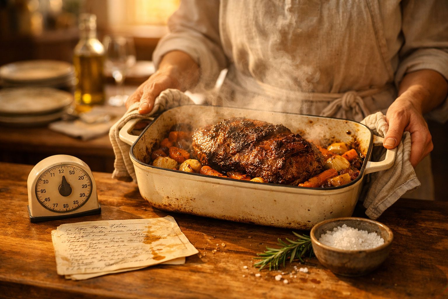 Pessoa a segurar assado fumegante com legumes num tabuleiro, num ambiente rústico de cozinha.