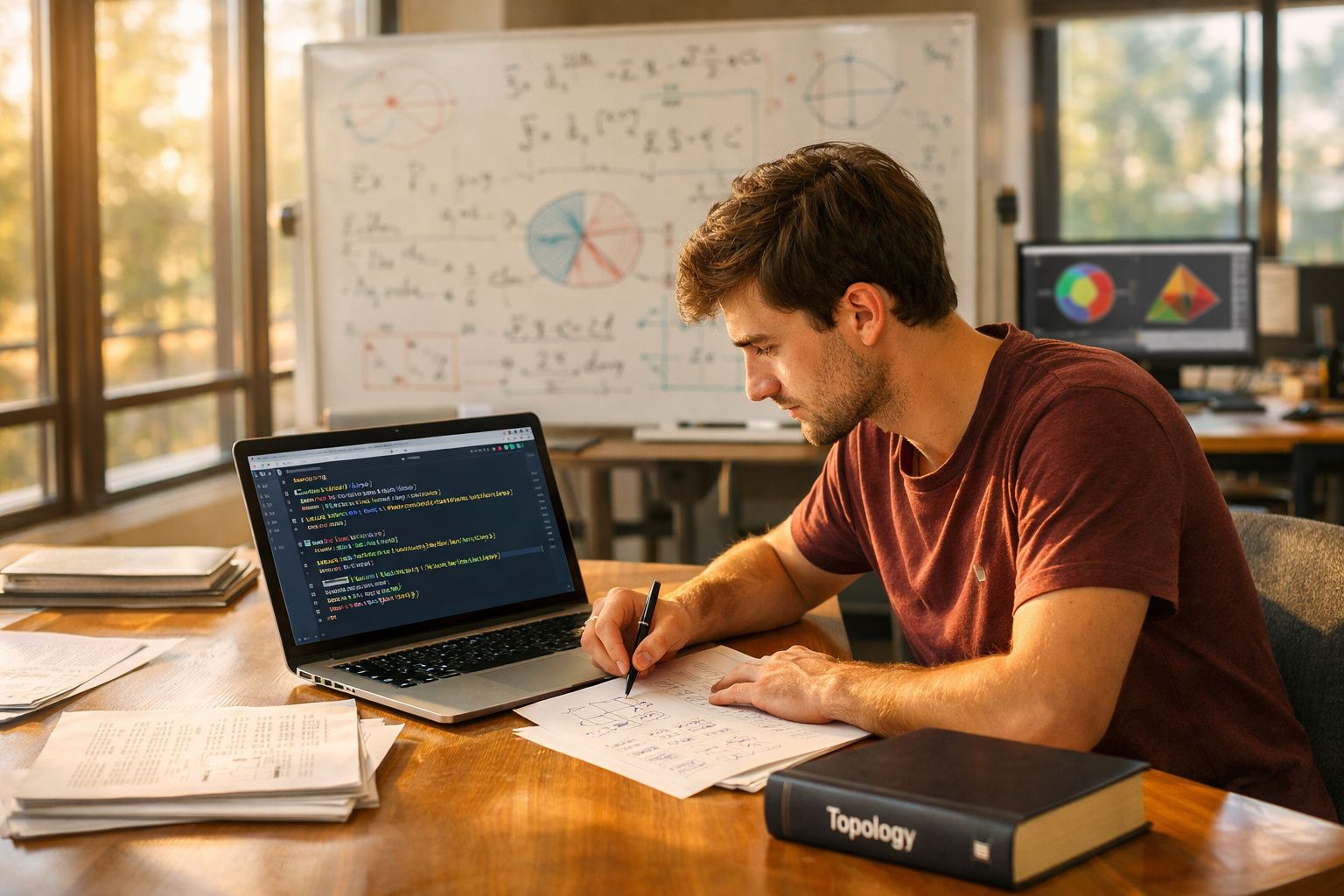 Homem jovem a programar no computador e a fazer anotações em papel numa sala com janelas e quadro branco.