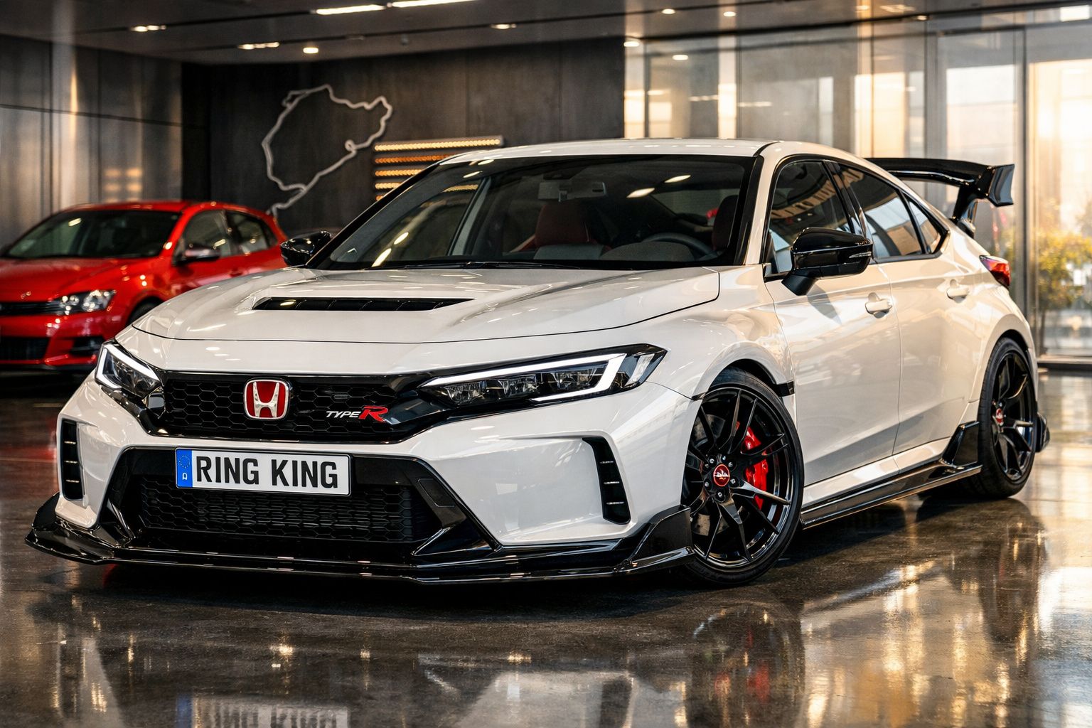 Carro desportivo Honda Civic Type R branco com spoiler traseiro, jantes pretas e travões vermelhos em showroom.