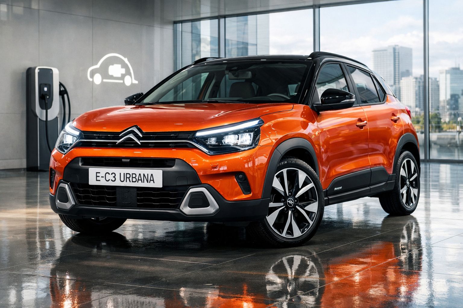Citroën E-C3 Urbana elétrico laranja, estacionado junto a posto de carregamento interior.
