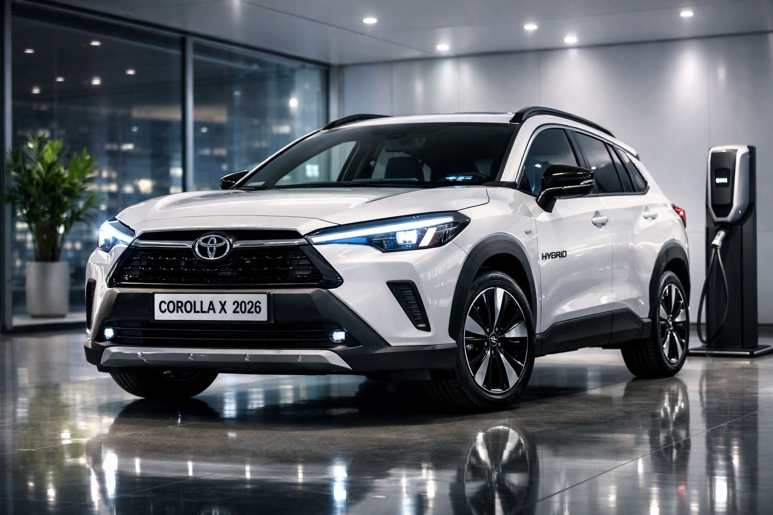 Carro branco Toyota Corolla X 2026 híbrido estacionado num showroom moderno junto a posto de carregamento elétrico.