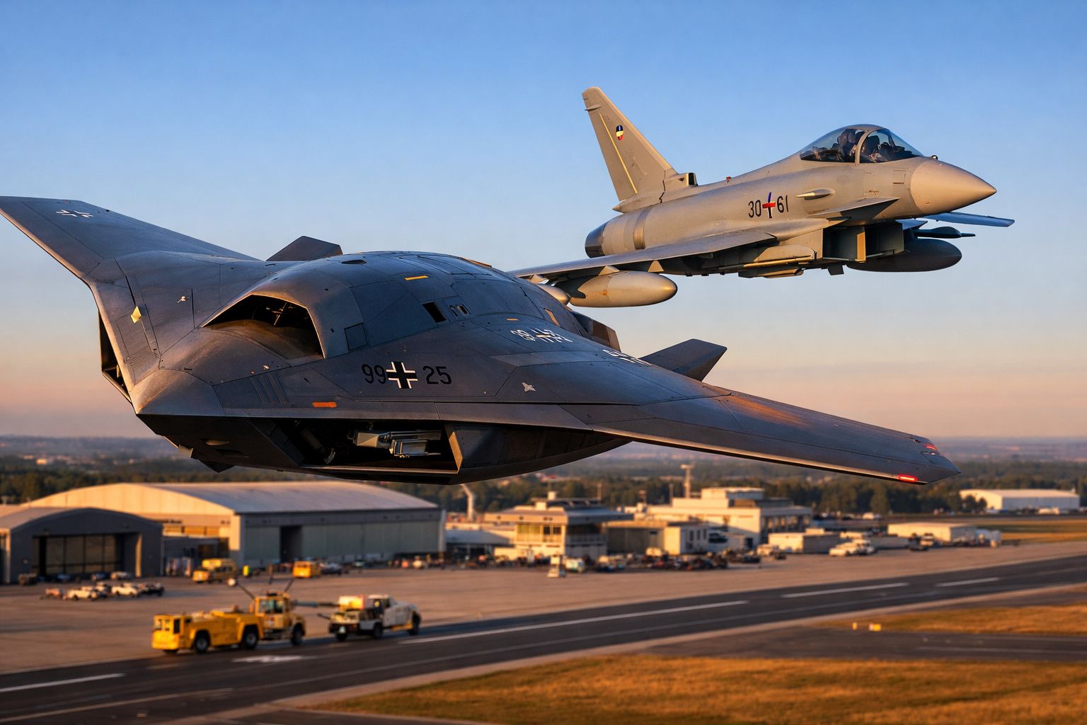 Dois aviões militares a voar sobre um aeroporto ao pôr do sol.
