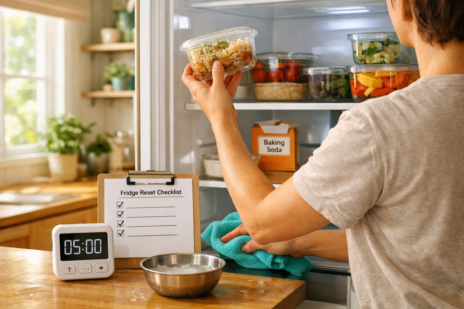 Pessoa a limpar a geladeira enquanto organiza alimentos em recipientes transparentes na cozinha.