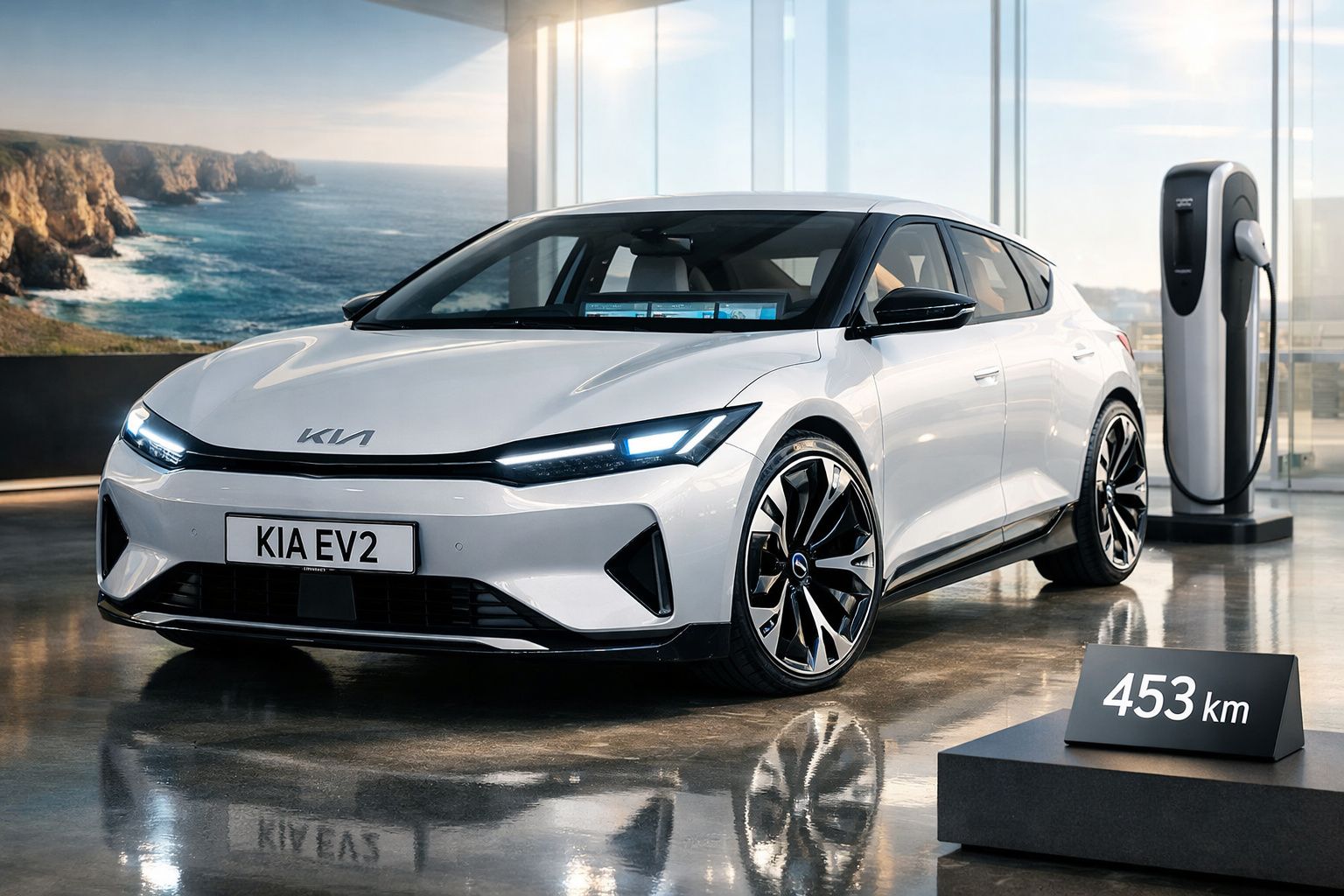 Carro elétrico branco Kia EV2 numa showroom com carregador e placa de autonomia de 453 km.