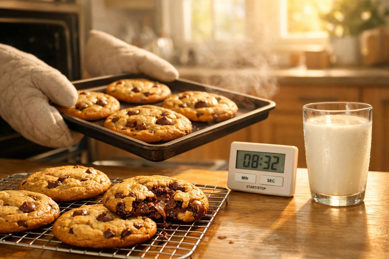 Biscoitos de chocolate acabados de sair do forno com um copo de leite e um cronómetro numa cozinha iluminada.