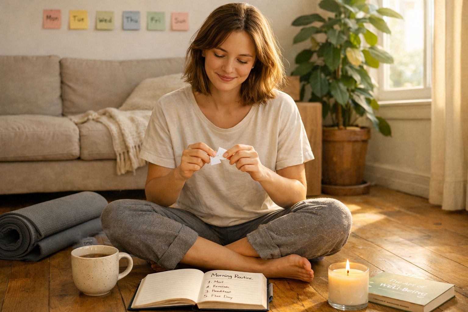 Mulher sentada no chão sorridente a abrir papel, com caderno, vela acesa e chá junto a tapete de yoga.