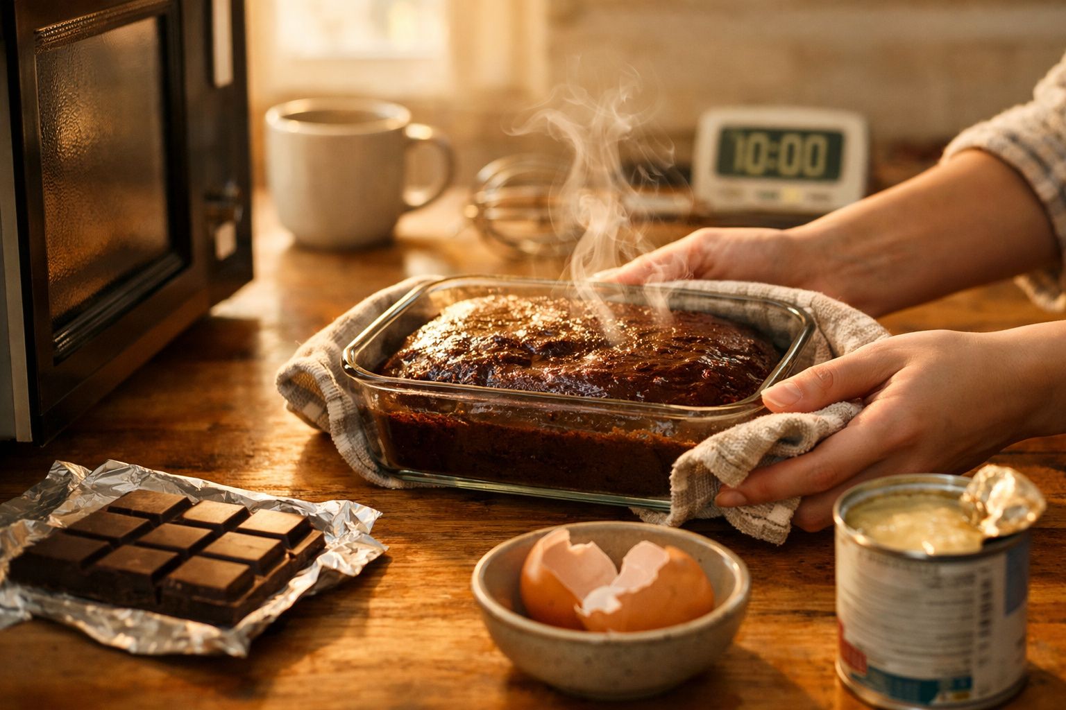 Pessoa a retirar bolo quente do forno num recipiente de vidro, com barra de chocolate, ovos e leite condensado na mesa.
