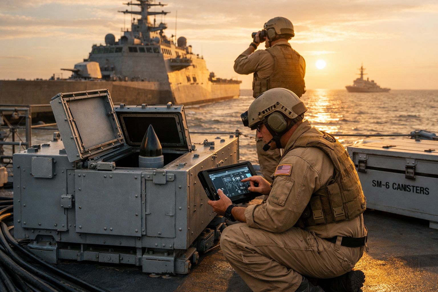 Militares a operar equipamento militar num navio de guerra ao pôr do sol no mar.