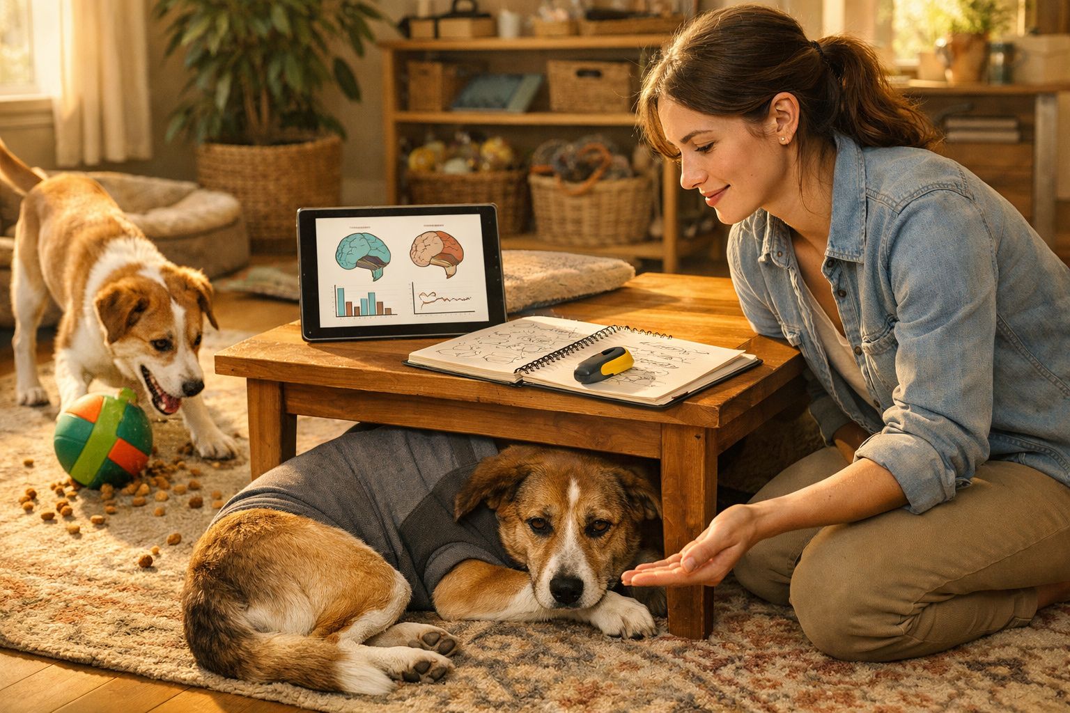 Mulher a estudar sobre o cérebro com dois cães próximos, um deitado sob a mesa e outro a brincar.