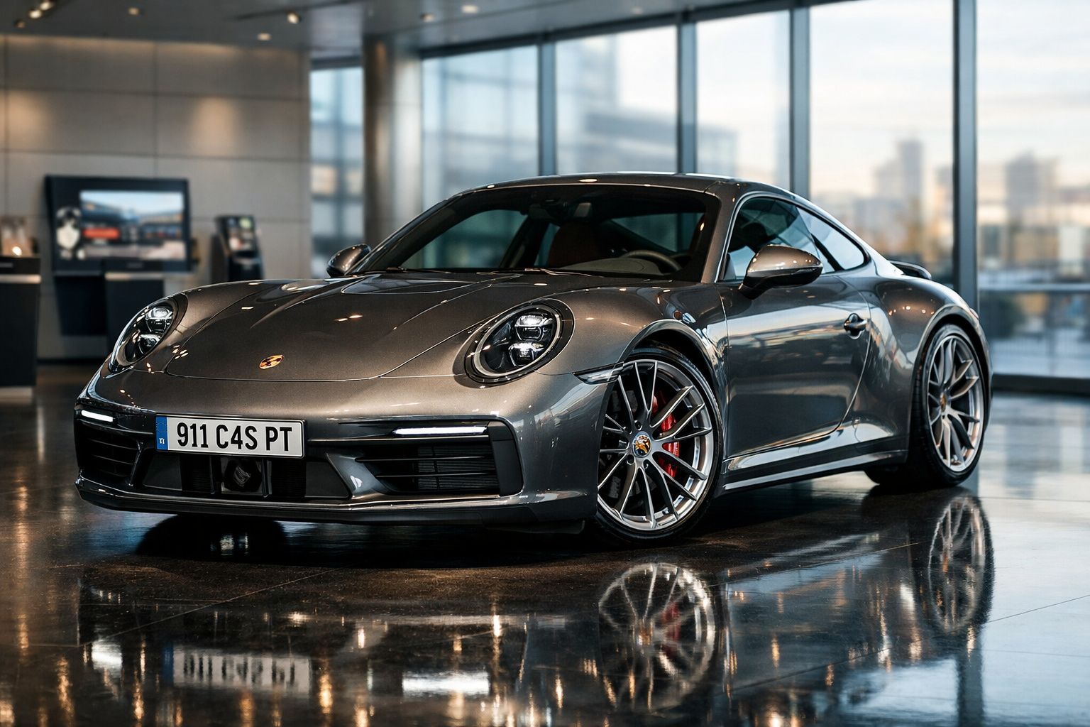 Carro desportivo Porsche 911 cinza estacionado em piso refletor dentro de showroom moderno.