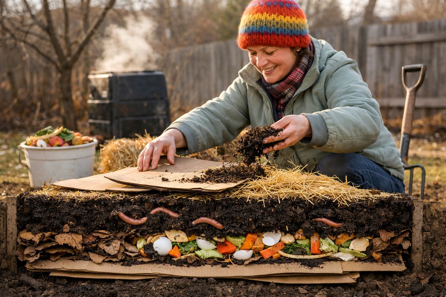 Mulher a preparar composta de vermicompostagem com restos de vegetais e minhocas num jardim.