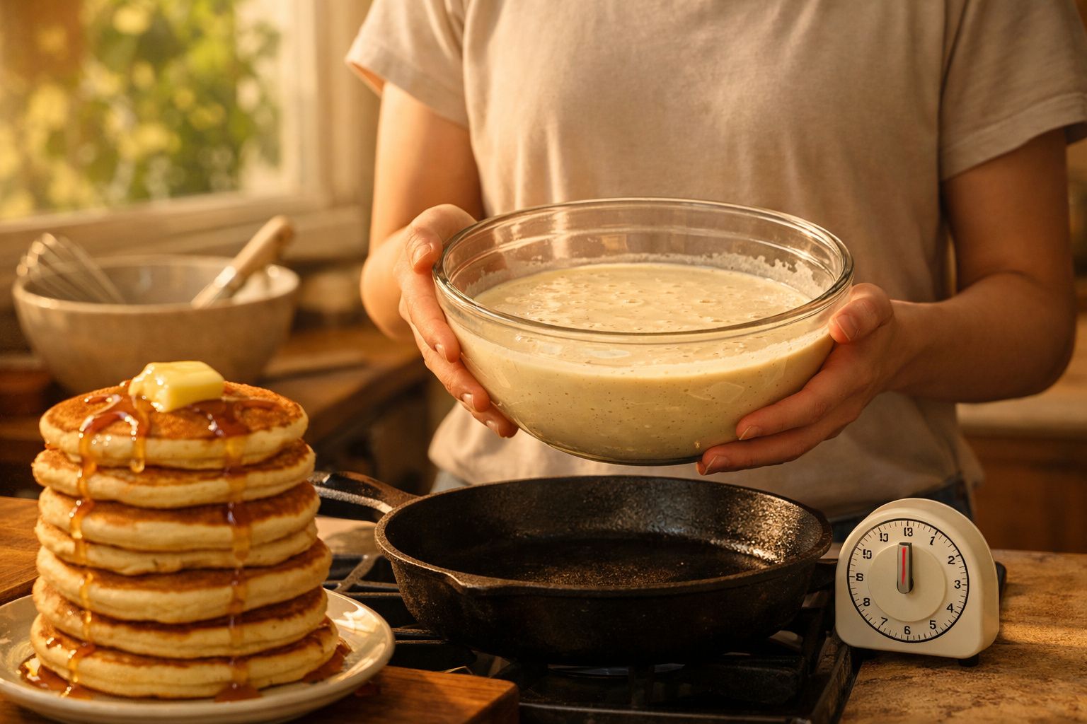 Pessoa a segurar uma tigela com massa para panquecas à frente de uma frigideira e pilha de panquecas com manteiga e mel.