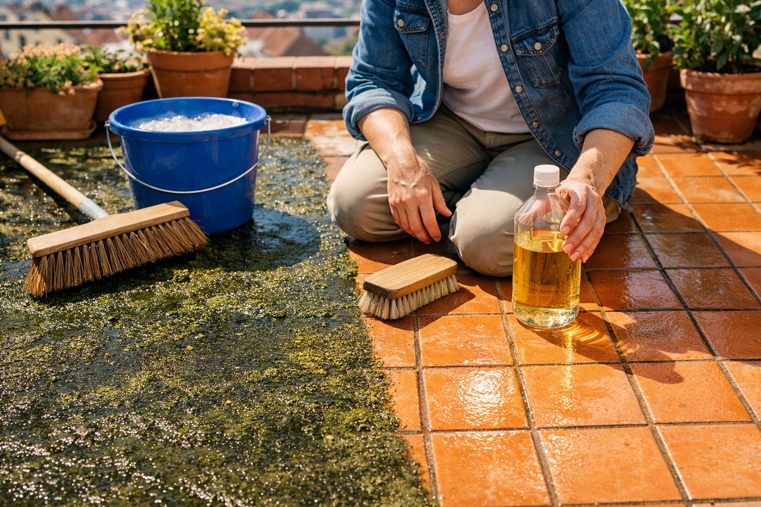 Pessoa a limpar piso exterior com escovas, balde de água e garrafa com líquido amarelo.