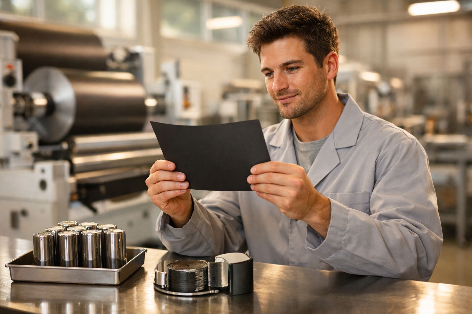 Homem em bata branca examina filme fotográfico num laboratório industrial com equipamento de revelação.