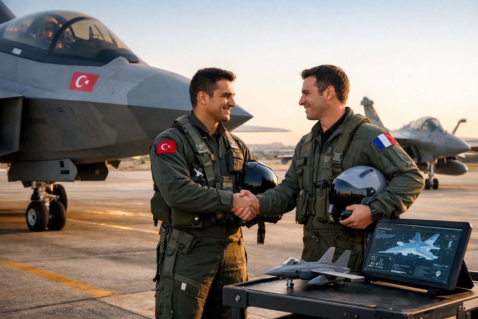 Dois pilotos militares a cumprimentar-se em frente a caças numa base aérea ao nascer do sol.