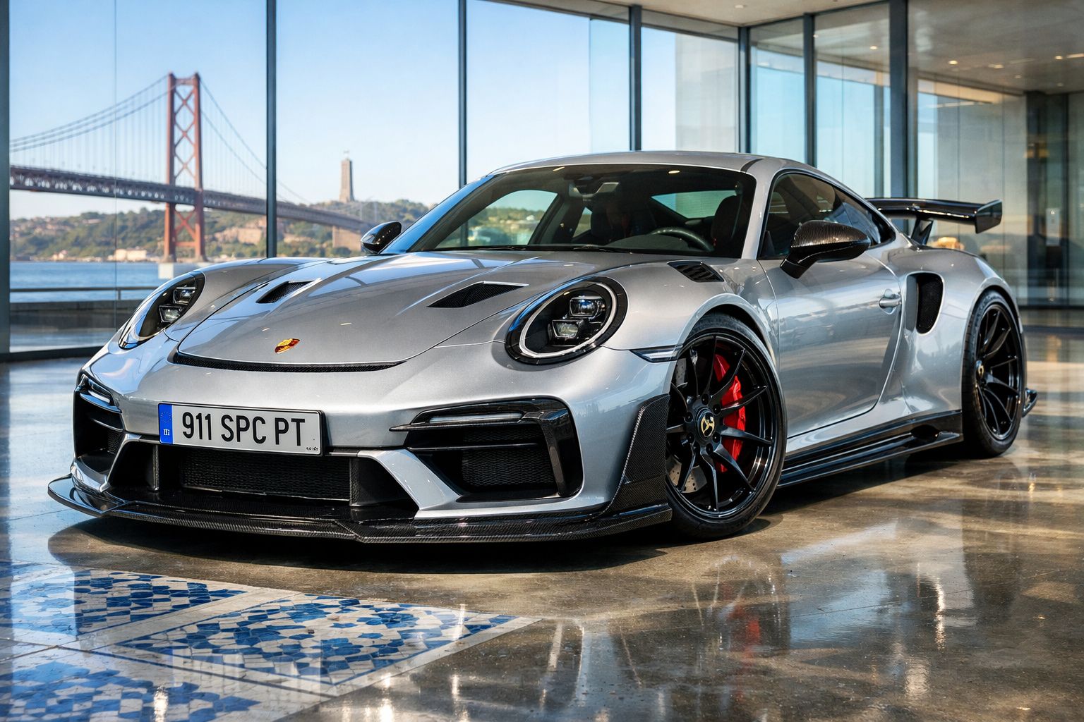 Carro desportivo Porsche 911 prata num showroom com vista para uma ponte e monumento.