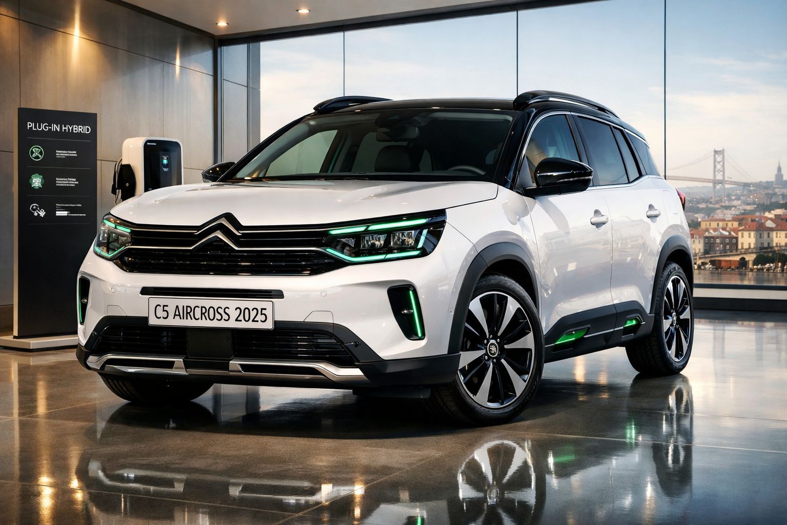 Automóvel Citroën C5 Aircross 2025 branco plug-in híbrido em showroom moderno com vista urbana.