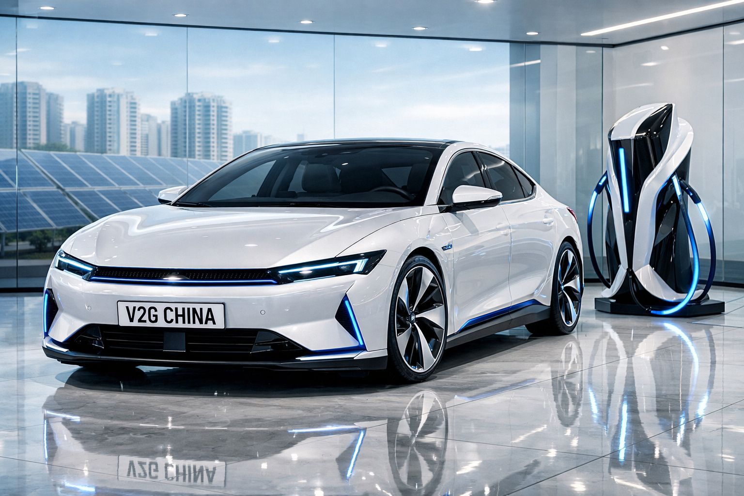 Carro elétrico branco moderno estacionado numa sala com estação de carregamento futurista, vista de cidade ao fundo.