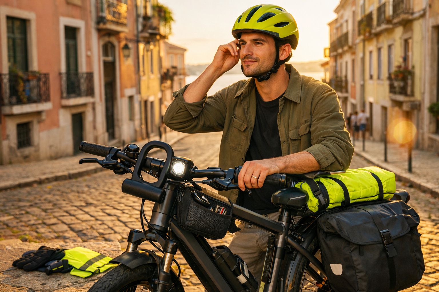 Homem de capacete amarelo com bicicleta carregada em rua de calçada em área urbana ao pôr do sol.