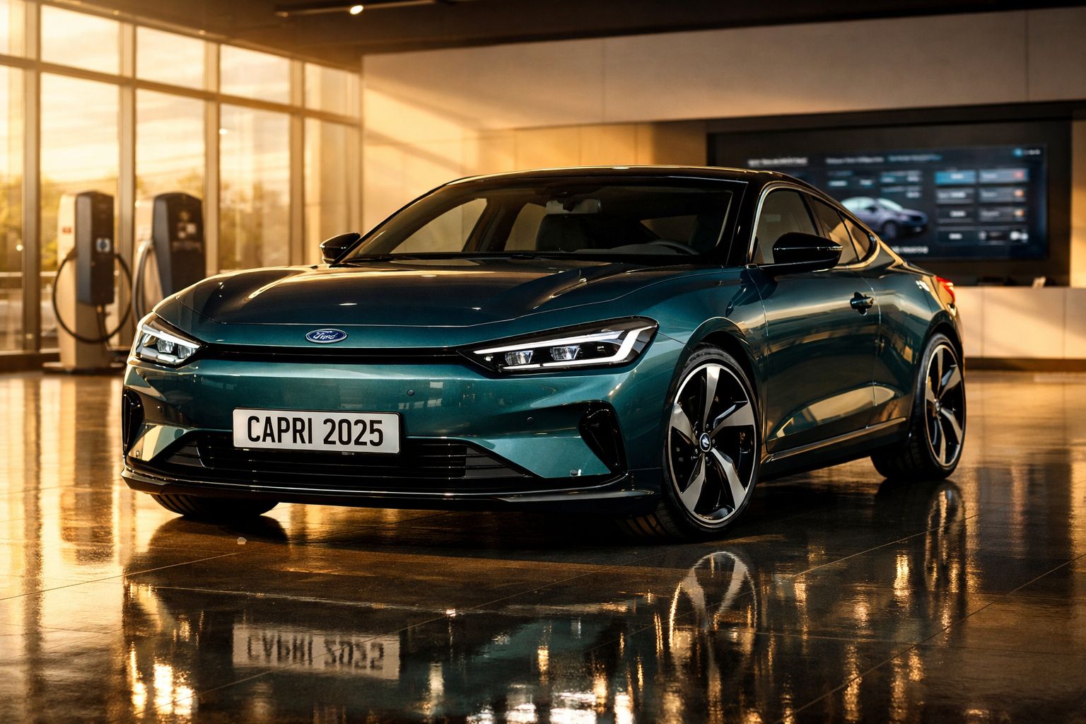 Carro elétrico Ford Capri 2025 verde numa sala com postos de carregamento ao fundo.