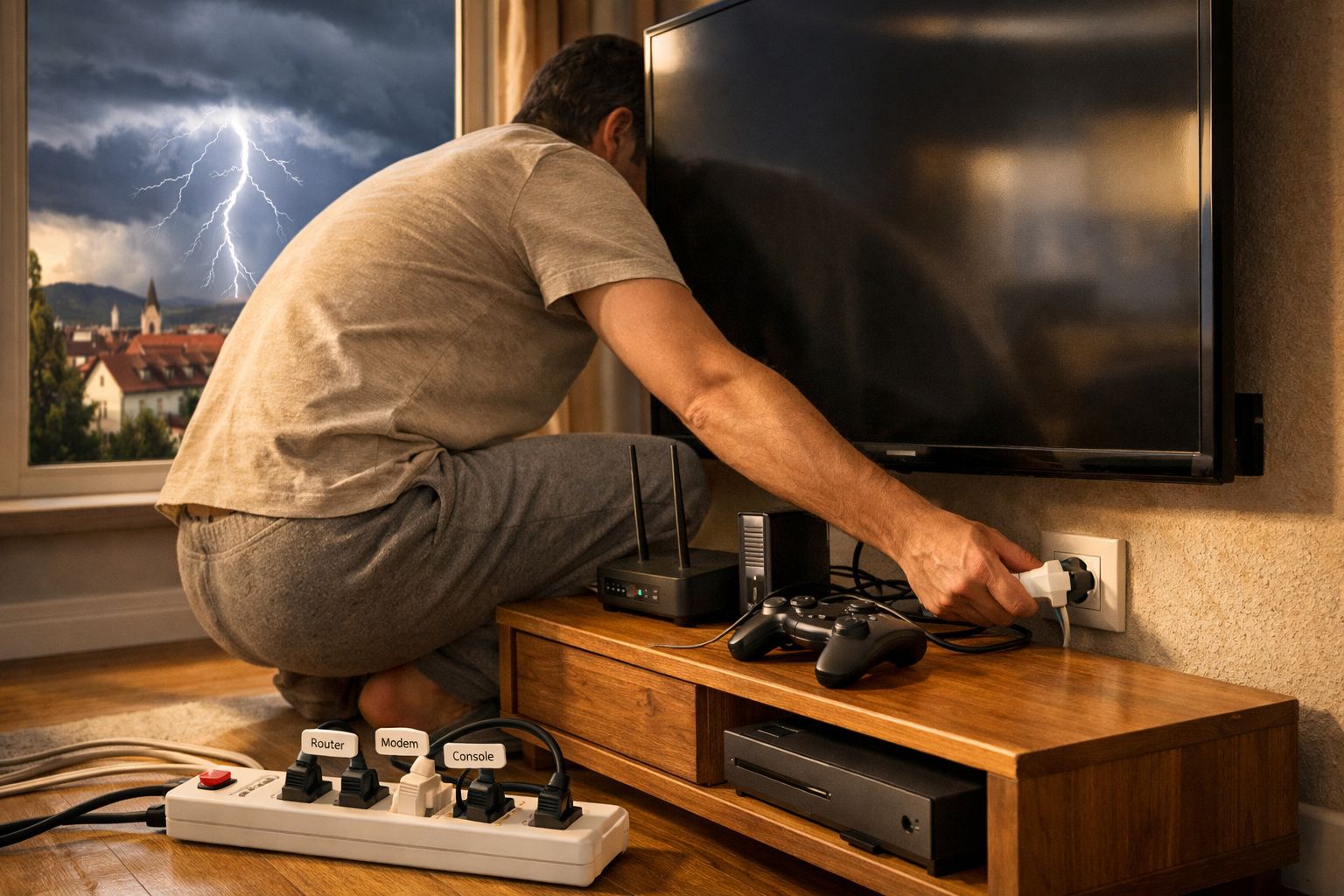 Homem a ligar uma consola à televisão durante uma tempestade com relâmpagos visível pela janela.