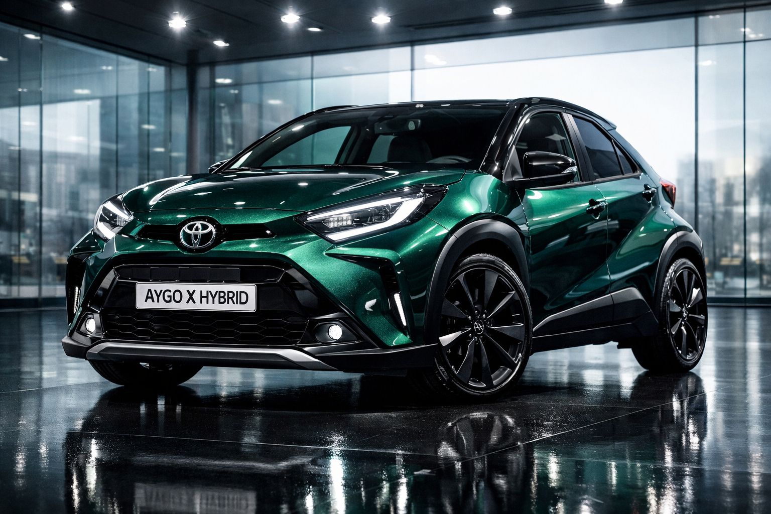 Automóvel Toyota Aygo X Hybrid verde escuro estacionado em ambiente moderno com piso brilhante.