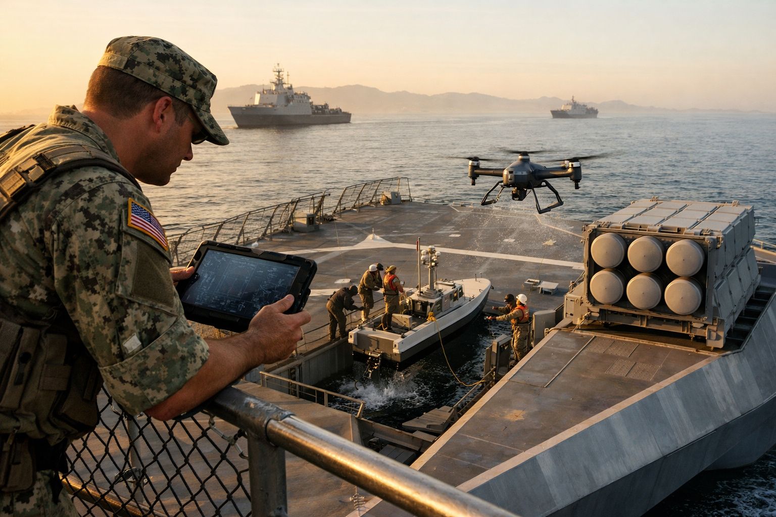 Militar controla drone com tablet em navio militar durante operação no mar ao pôr do sol.