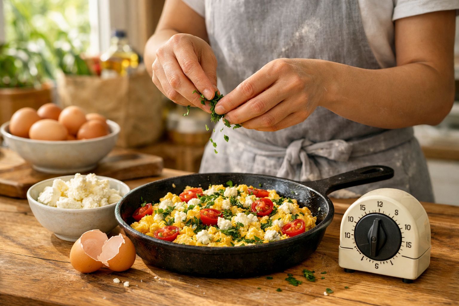 Pessoa a guarnecer omelete com coentros numa frigideira, com ovos, queijo e temporizador na bancada.