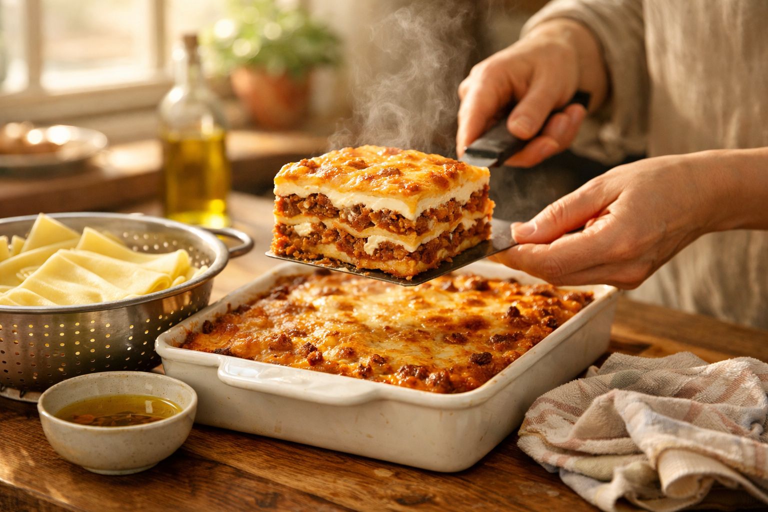 Mão a retirar fatia fumegante de lasanha com molho de carne e queijo gratinado numa travessa branca.