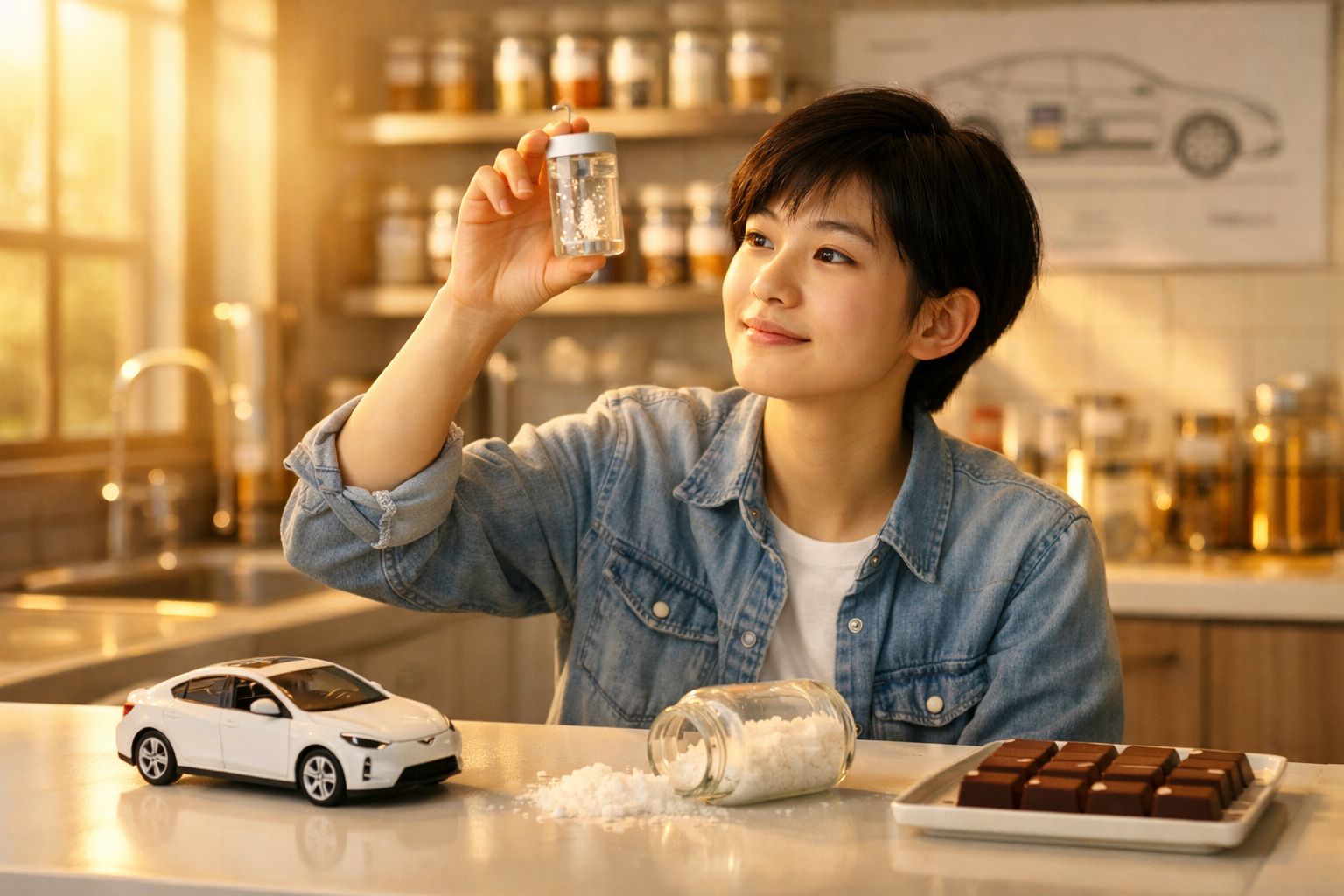 Pessoa examina um frasco com cristais brancos, com miniatura de carro e chocolates numa mesa.