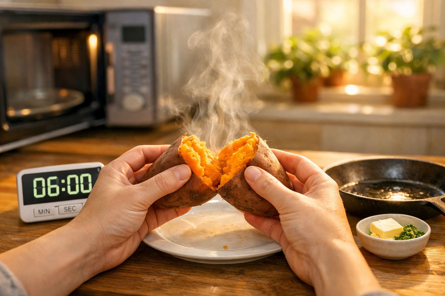 Duas mãos partem uma batata-doce quente a vapor sobre um prato branco numa cozinha iluminada.