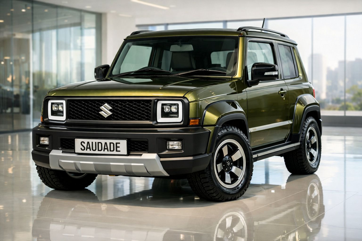 Carro SUV Suzuki verde metálico com matrícula personalizada “SAUDADE” em showroom moderno.
