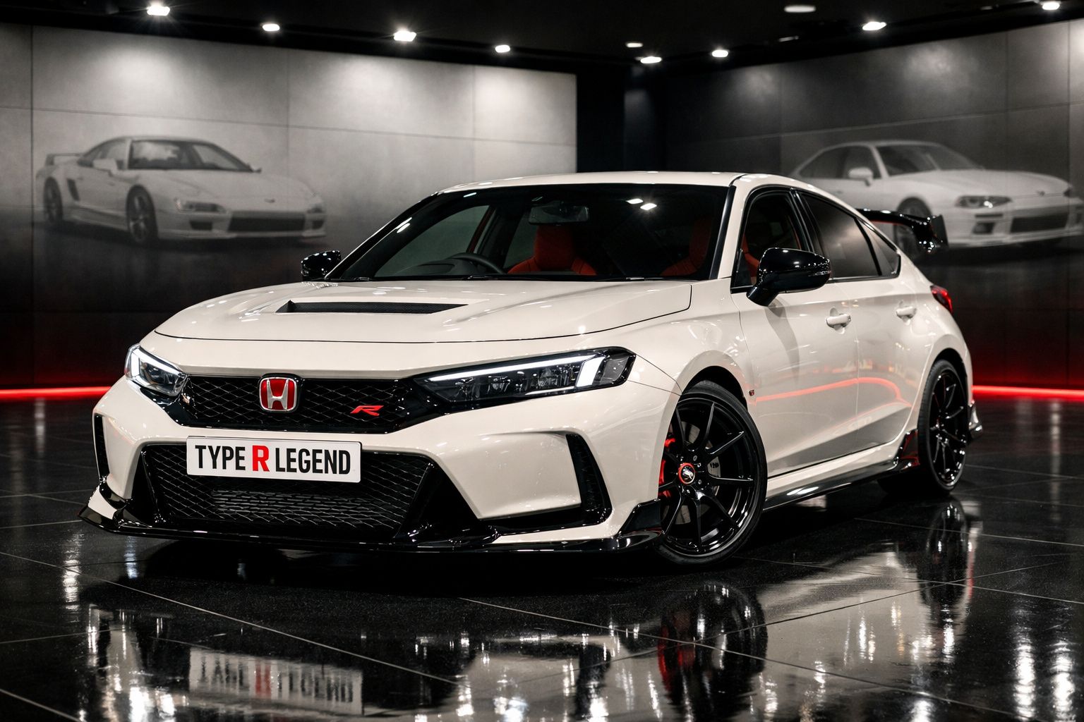 Carro desportivo branco Honda Type R Legend num espaço fechado com piso refletor preto.