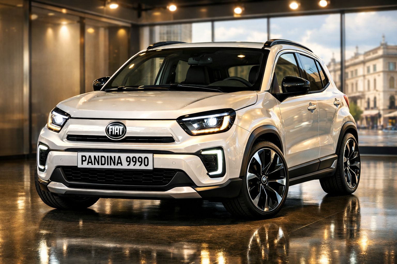 Fiat Panda branco estacionado em interior moderno com faróis acesos e jantes pretas brilhantes.