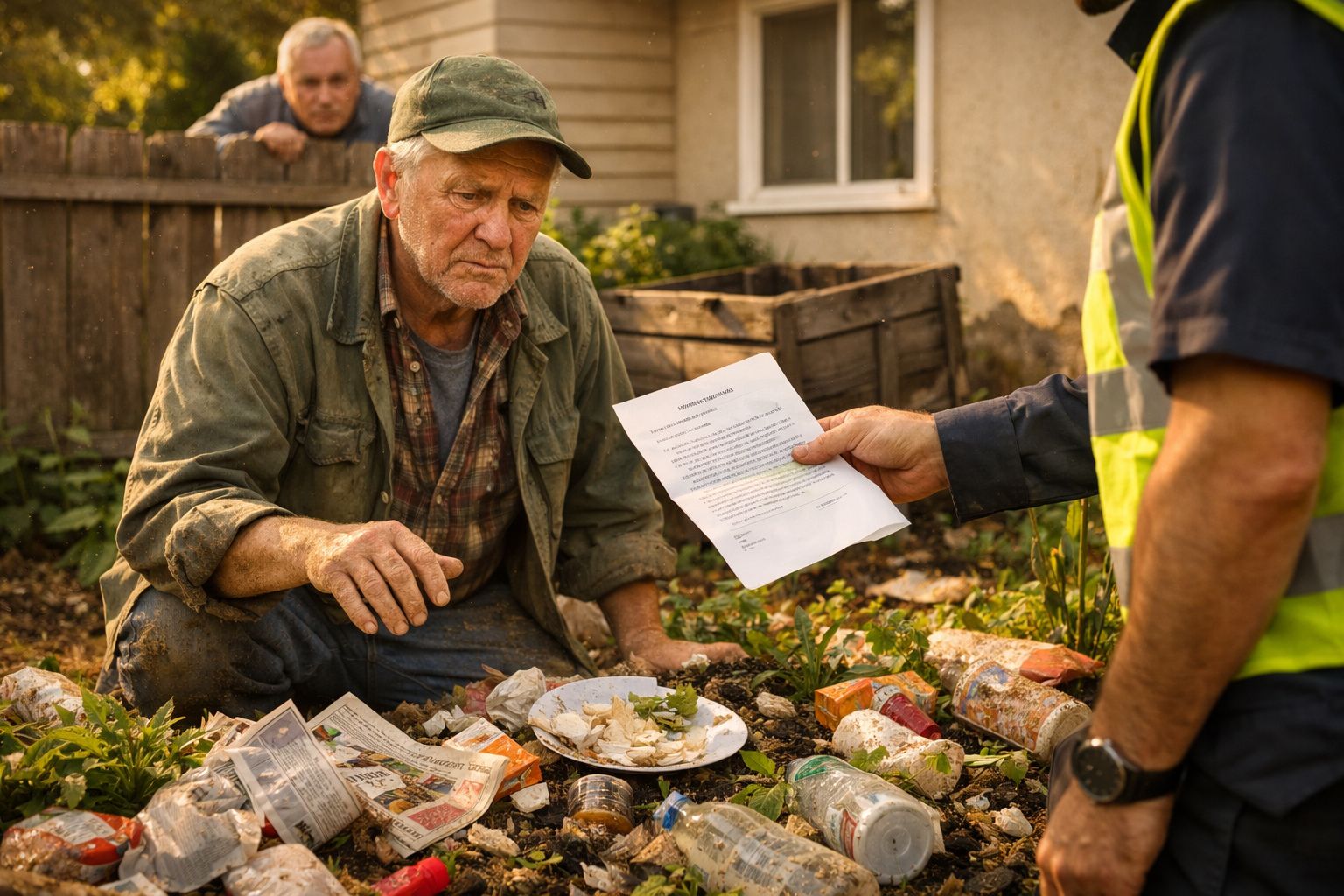 Idoso sentado no chão rodeado de lixo recebe uma carta de um homem de colete reflector.
