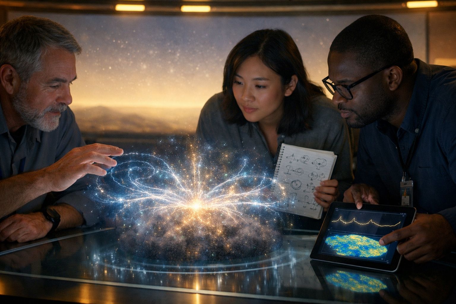 Três cientistas analisam uma simulação holográfica de galáxia com dados e esquemas em tablet e caderno.