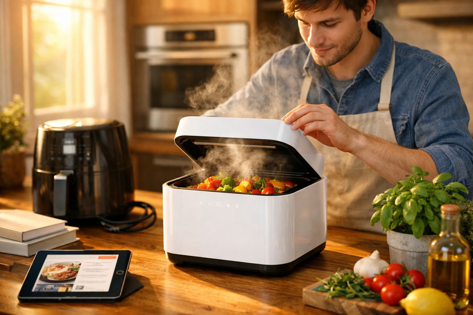 Homem a abrir panela elétrica branca com legumes a cozinhar em cozinha iluminada.