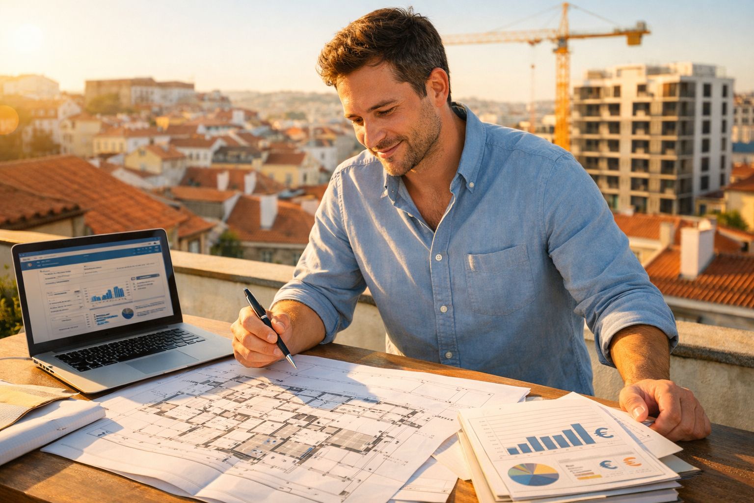 Homem a trabalhar em projetos de arquitetura com computador e gráficos numa mesa ao ar livre ao pôr do sol.