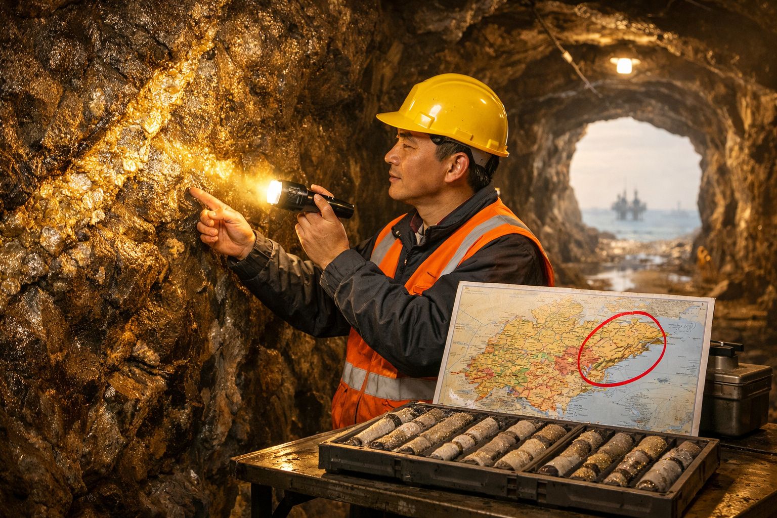 Homem com capacete e colete reflete luz em parede rochosa numa mina, com mapa e amostras de minério à frente.