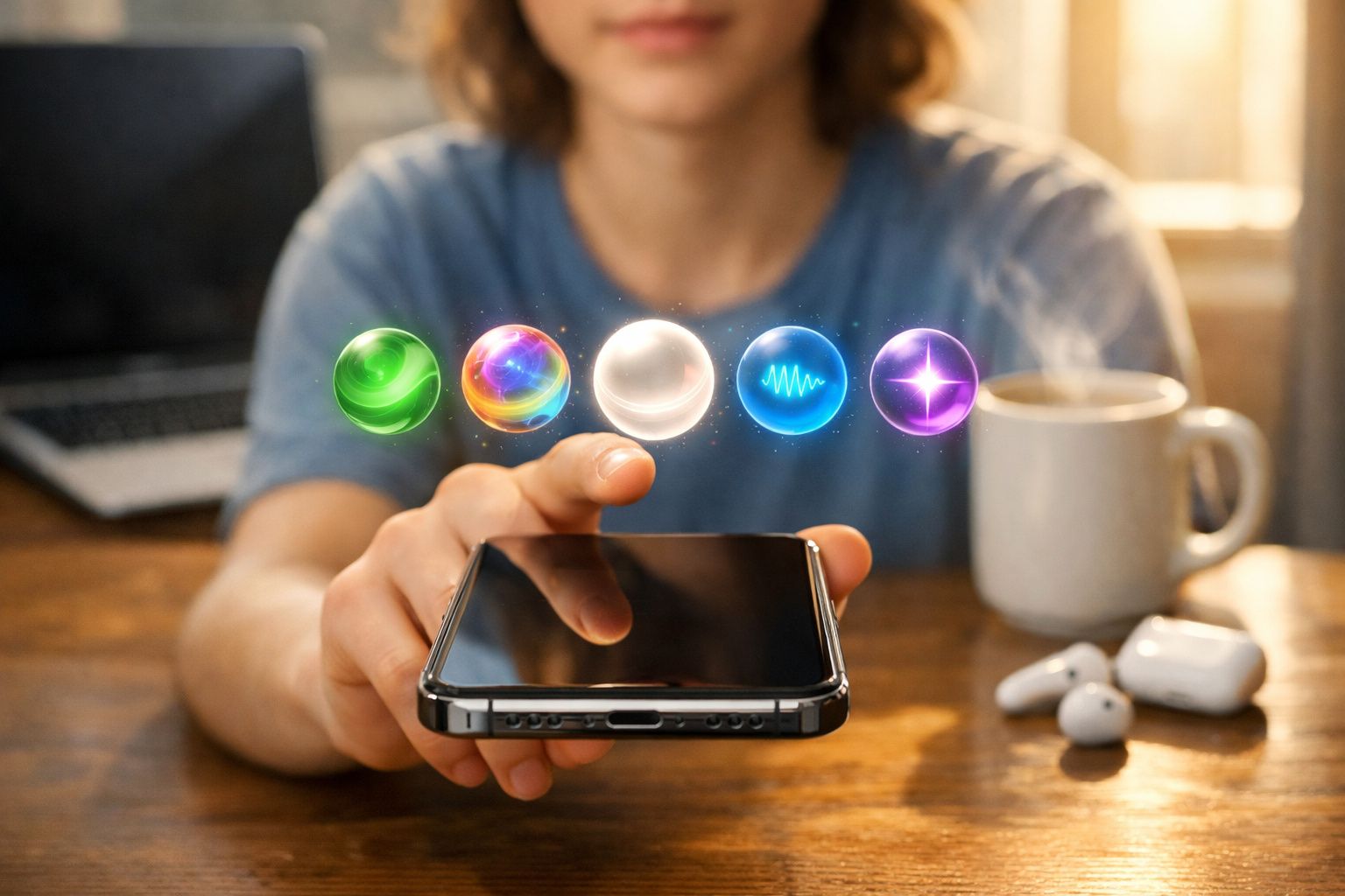 Pessoa a interagir com smartphone, surgem cinco esferas coloridas e brilhantes no ar acima do dispositivo.