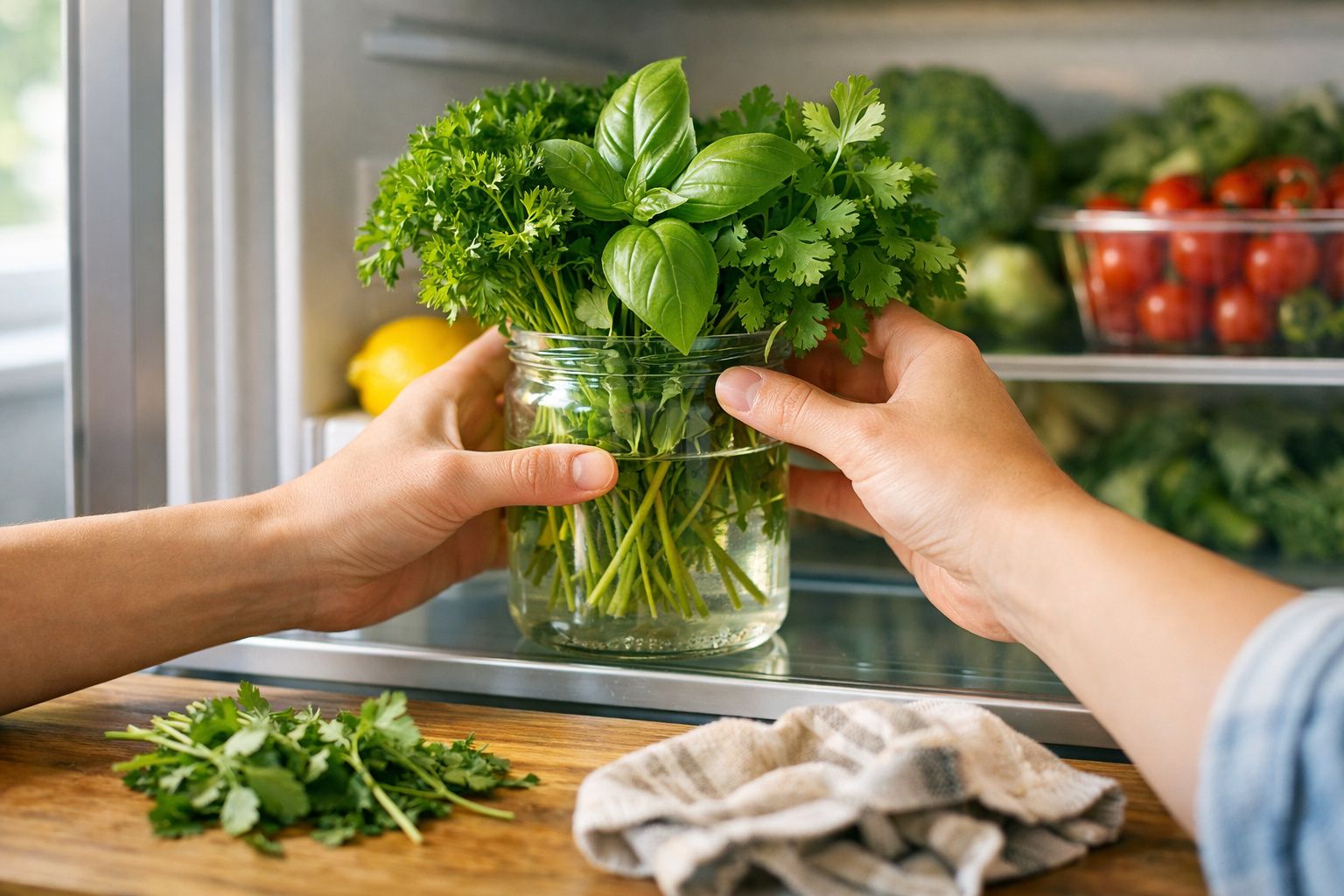Pessoa a guardar ramo de ervas frescas num frasco com água dentro do frigorífico.