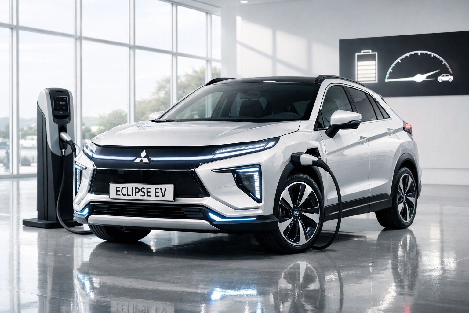 Carro elétrico Mitsubishi Eclipse EV branco a carregar numa estação de carregamento interior moderna.