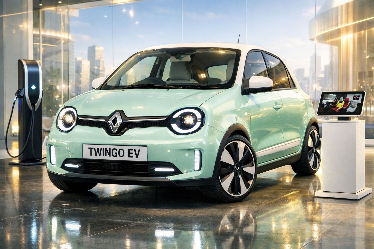Carro elétrico Renault Twingo EV verde claro numa exposição com posto de carregamento ao fundo.