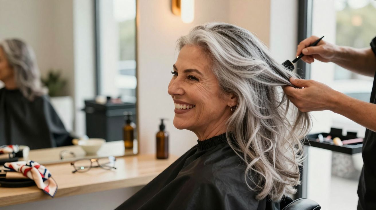 Mulher com cabelo grisalho sorridente a ser penteada num salão de cabeleireiro moderno.