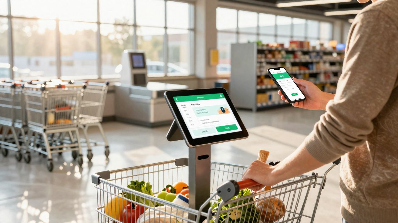 Pessoa a fazer scan de produtos com telemóvel e carrinho de compras numa loja moderna.