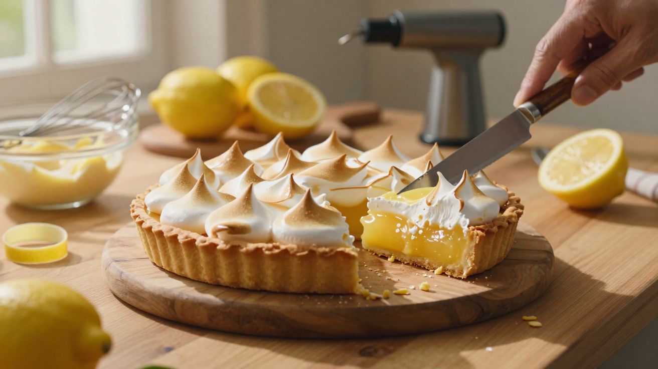 Tarte de limão com merengue tostado a ser cortada numa cozinha com limões e utensílios ao fundo.